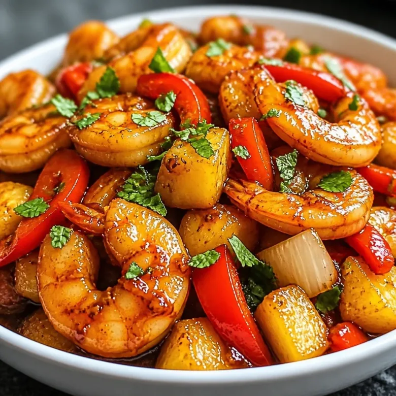 Delicious Sweet Chili Pineapple Shrimp stir fry with vibrant vegetables and juicy pineapple.