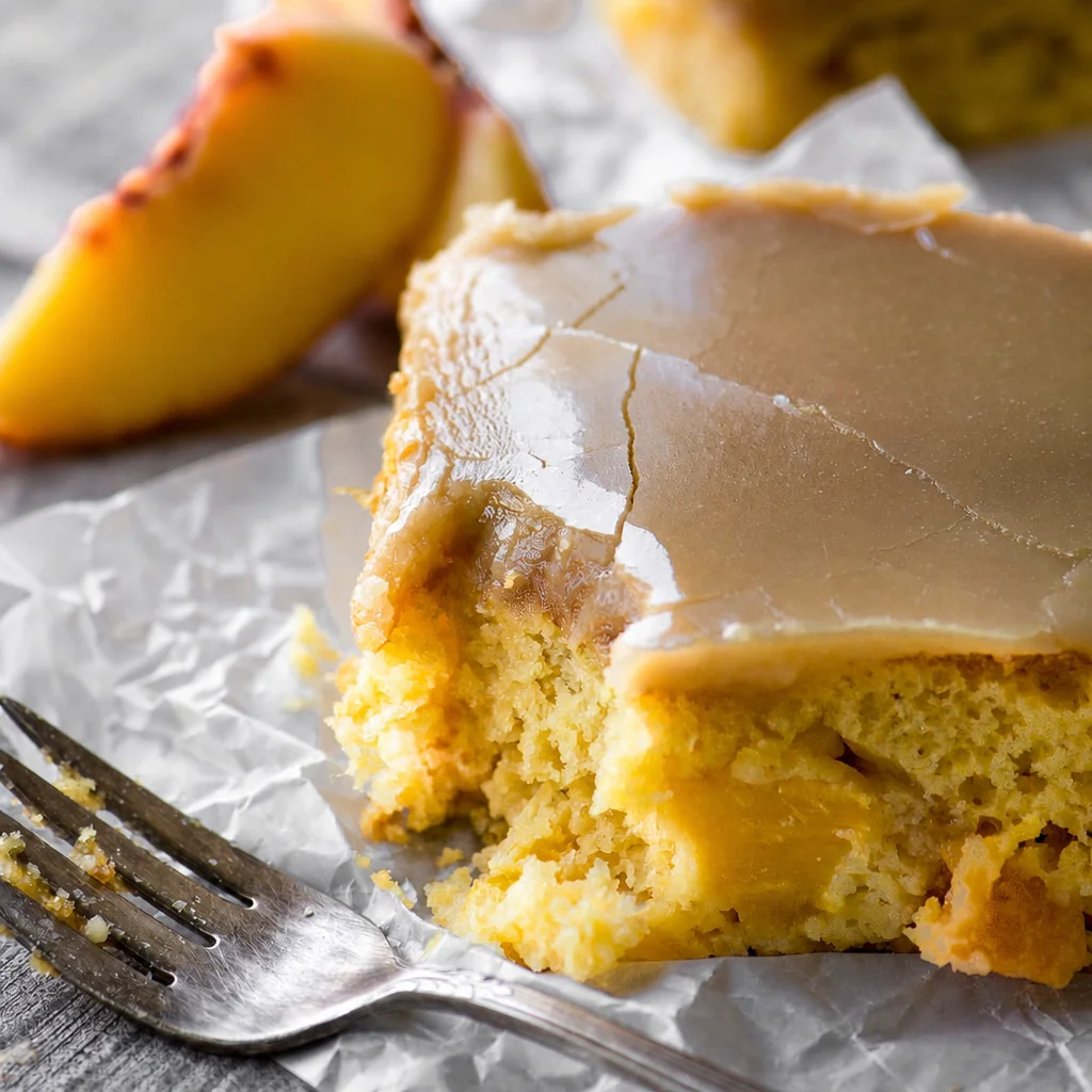 Vegan Peach Sheet Cake topped with irresistible brown sugar frosting and fresh peaches
