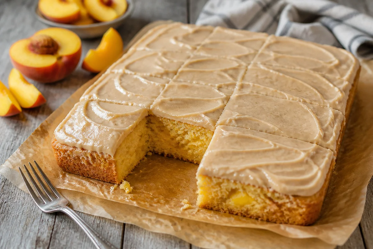 Vegan Peach Sheet Cake with Irresistible Brown Sugar Frosting – So Delicious!