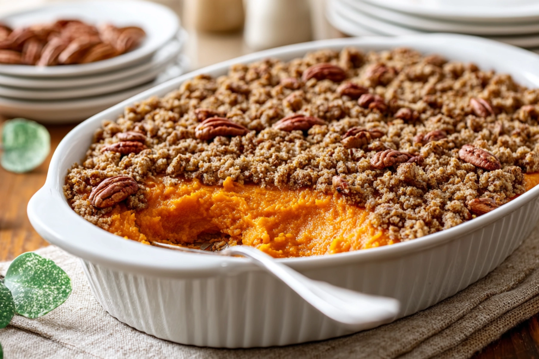 Best Sweet Potato Casserole with Butter Pecan Crumble Topping cooked to perfection
