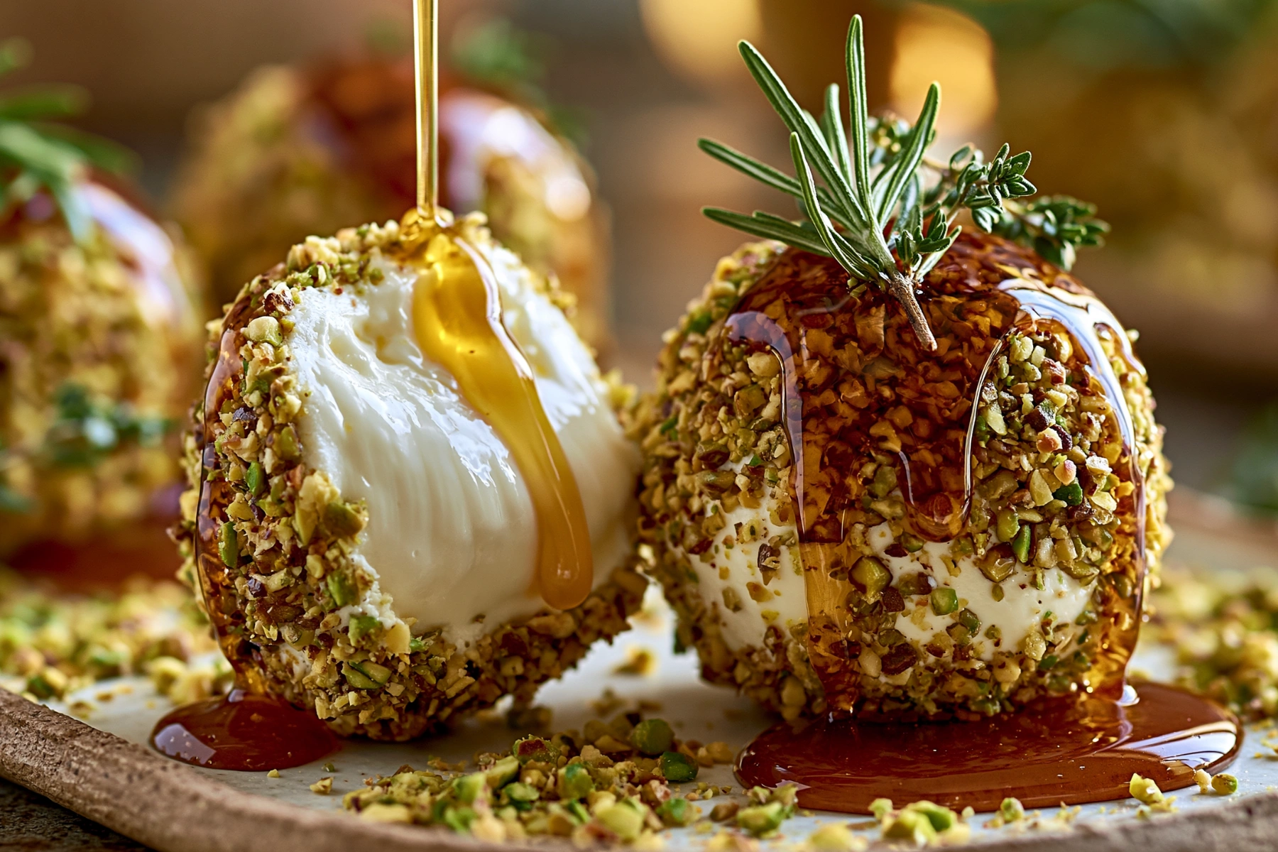 Pistachio-Crusted Brie Bites with Raspberry Honey Glaze