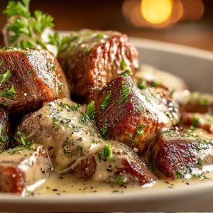 Delicious Garlic Butter Steak Bites in Creamy Parmesan Sauce served on a plate.