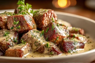 Delicious Garlic Butter Steak Bites in Creamy Parmesan Sauce served on a plate.