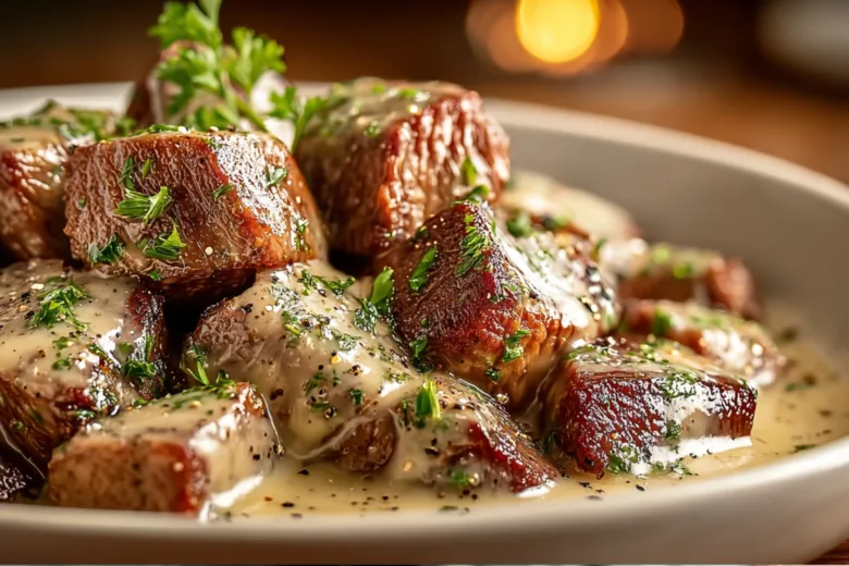 Delicious Garlic Butter Steak Bites in Creamy Parmesan Sauce served on a plate.