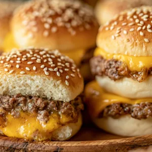 Cheeseburger sliders served on Hawaiian rolls with cheese and special sauce