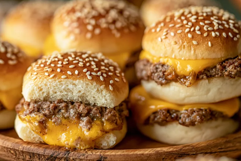 Cheeseburger sliders served on Hawaiian rolls with cheese and special sauce