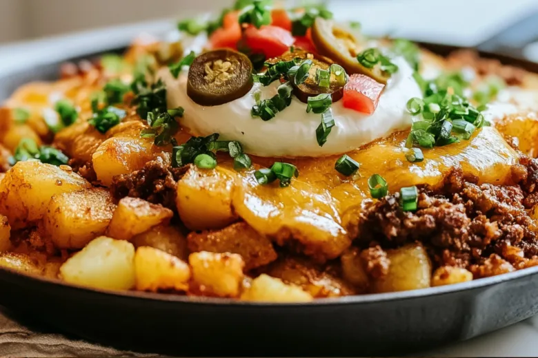 Loaded Beef and Potato skillet with crispy potatoes and melted cheddar cheese