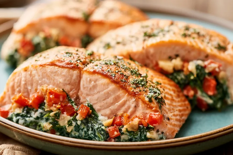Baked Stuffed Salmon with Spinach & Feta served on a plate with a side of vegetables.