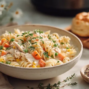 Creamy Chicken Pot Pie Pasta made in a Crock Pot with tender noodles and vegetables.