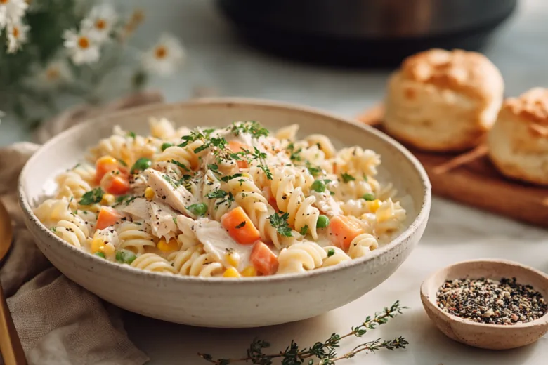 Creamy Chicken Pot Pie Pasta made in a Crock Pot with tender noodles and vegetables.
