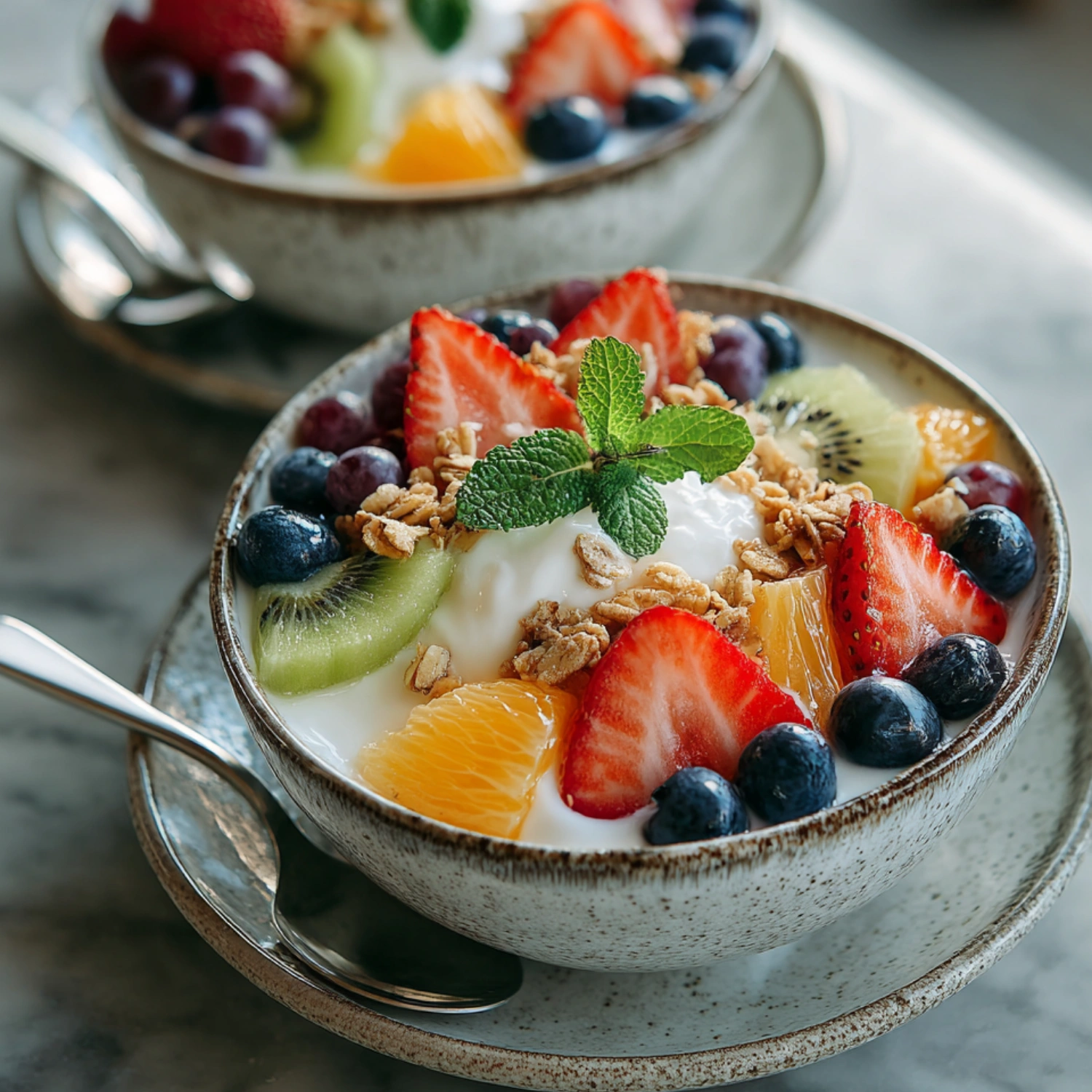 Breakfast Fruit Salad served with Greek yogurt and granola
