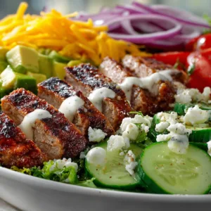 Tasty Burger Cobb Salad featuring fresh greens, tomatoes, and avocado.