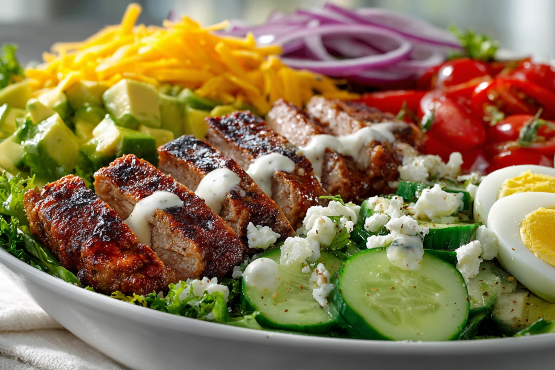 Tasty Burger Cobb Salad featuring fresh greens, tomatoes, and avocado.