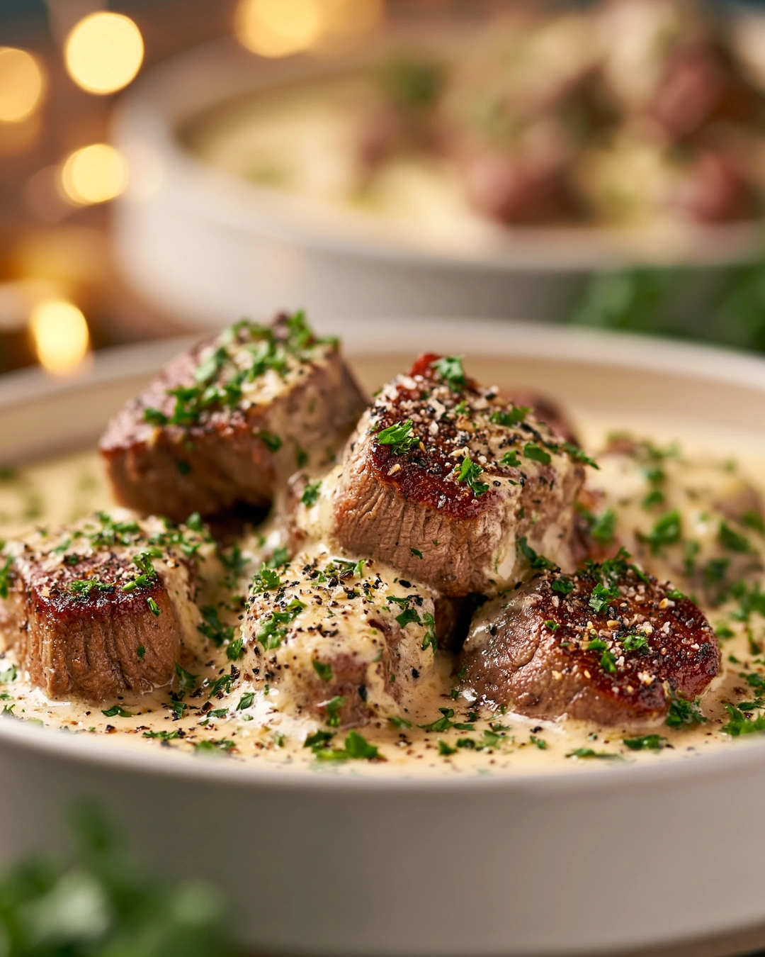 Delicious Garlic Butter Steak Bites in Creamy Parmesan Sauce served on a plate.