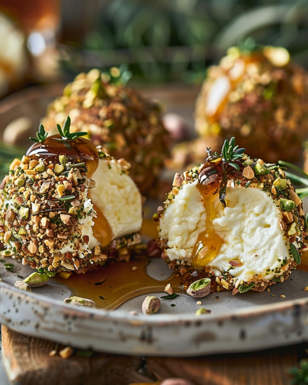 Pistachio-Crusted Brie Bites with Raspberry Honey Glaze