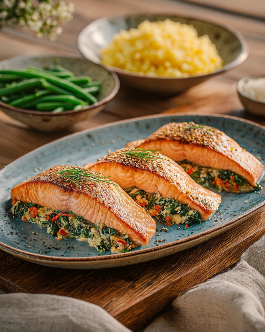 Baked Stuffed Salmon with Spinach & Feta served on a plate with a side of vegetables.