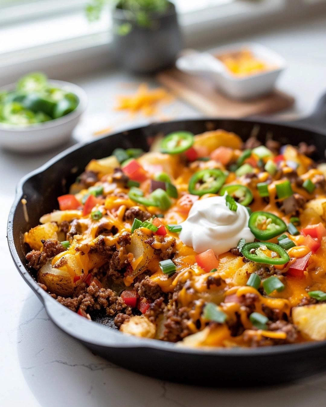 Serving Loaded Beef and Potato skillet
