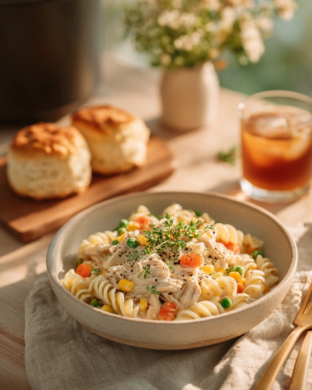 Creamy Chicken Pot Pie Pasta made in a Crock Pot with tender noodles and vegetables.