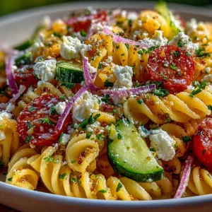 Best Viral Crispy Pasta Salad with crispy rotini pasta, feta, cucumber, and tomatoes