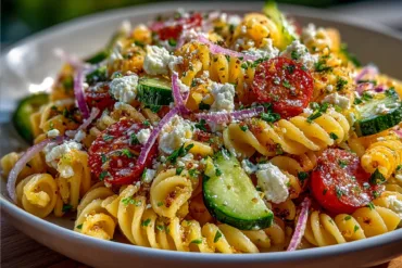 Best Viral Crispy Pasta Salad with crispy rotini pasta, feta, cucumber, and tomatoes