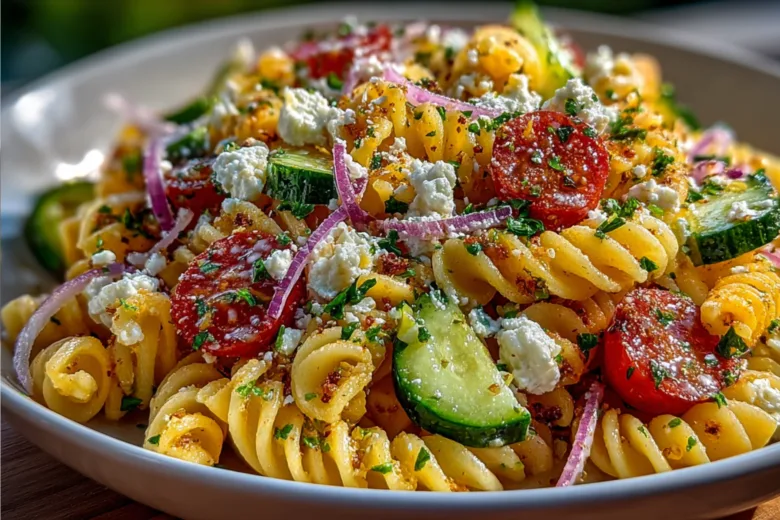 Best Viral Crispy Pasta Salad with crispy rotini pasta, feta, cucumber, and tomatoes