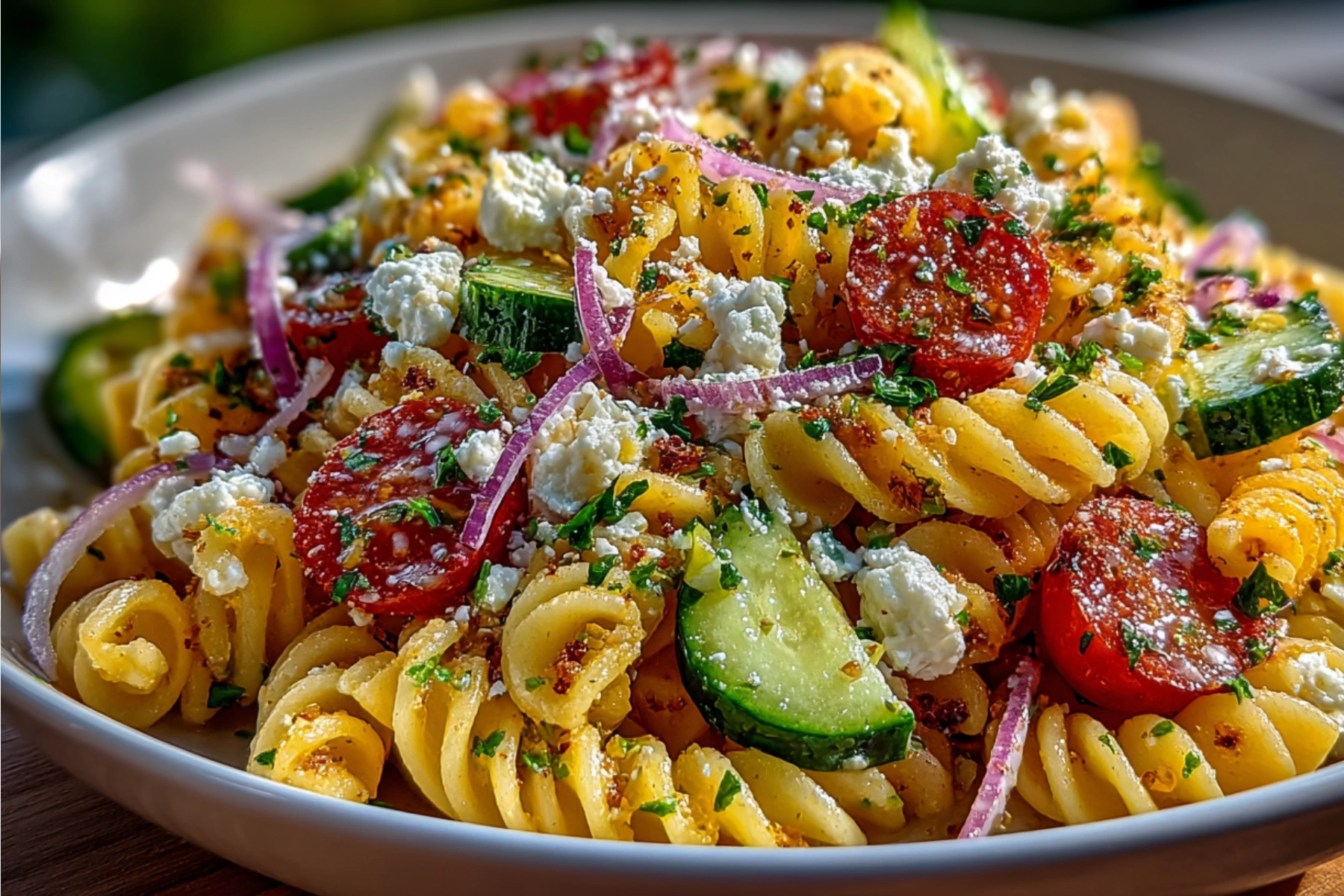 Best Viral Crispy Pasta Salad with crispy rotini pasta, feta, cucumber, and tomatoes