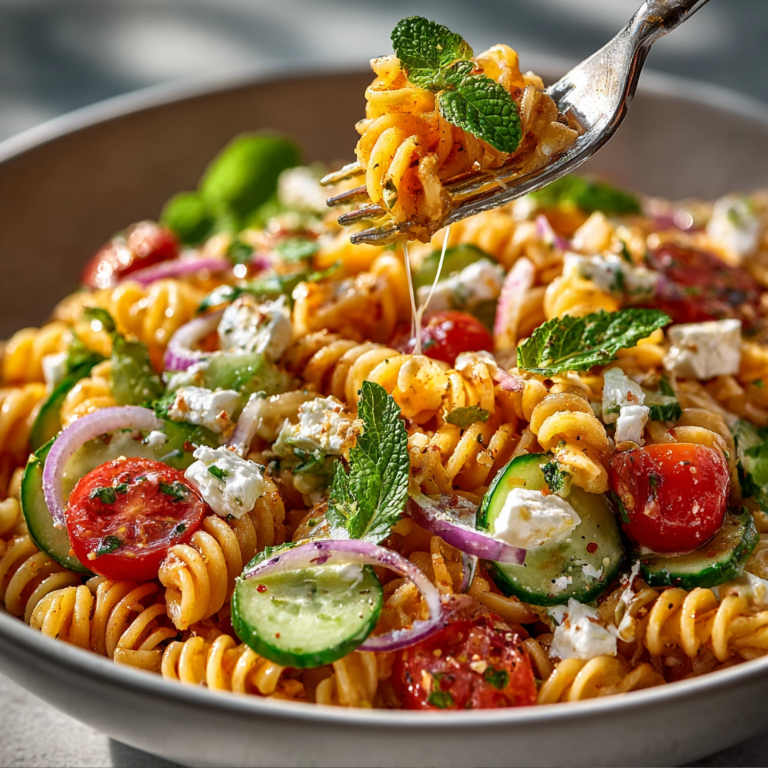 Best Viral Crispy Pasta Salad served with feta and vegetables