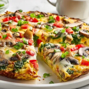 Breakfast Pizza with Hash Brown Crust topped with eggs, cheese, and vegetables