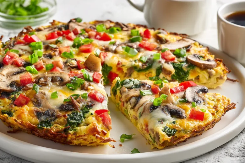 Breakfast Pizza with Hash Brown Crust topped with eggs, cheese, and vegetables