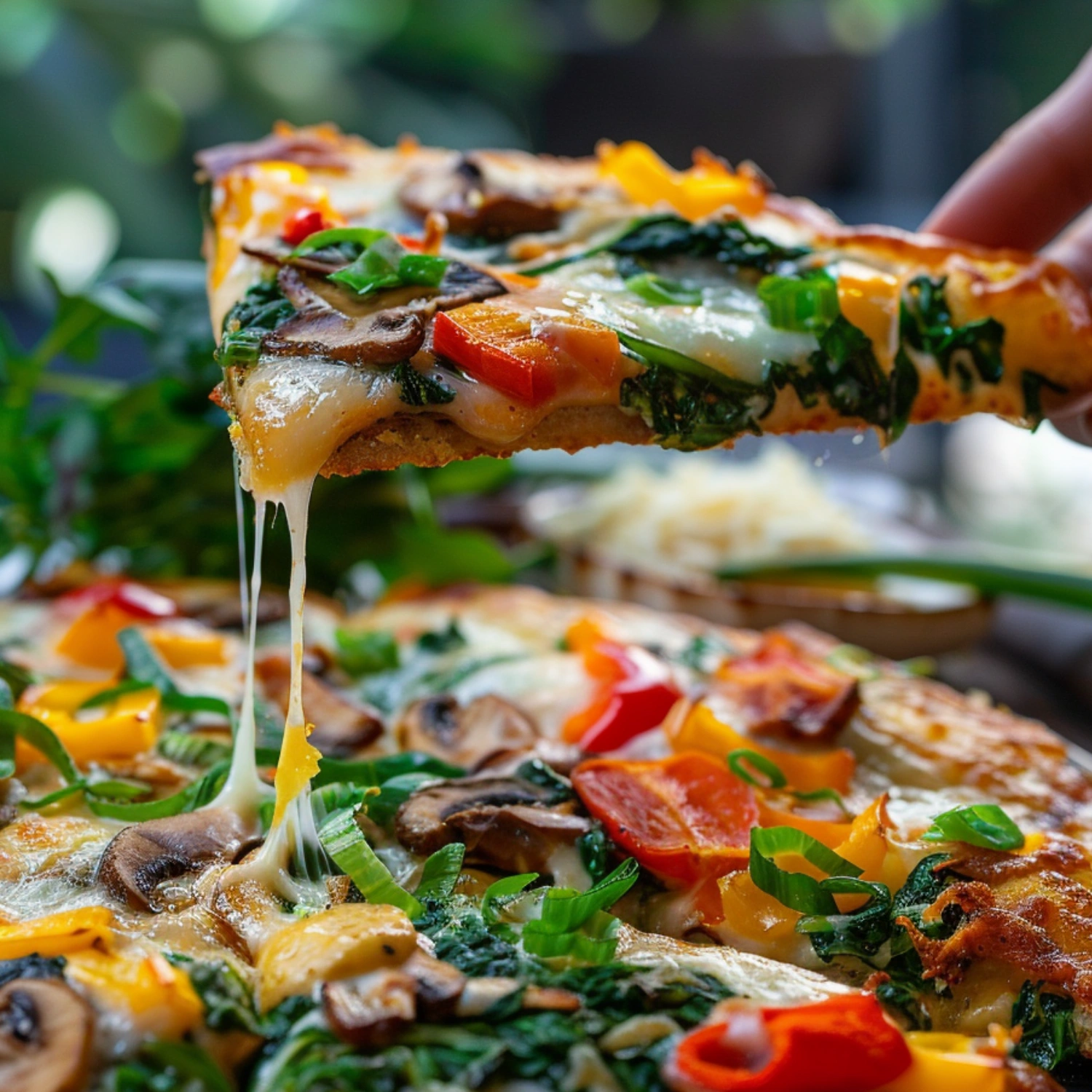 Slice of Breakfast Pizza with Hash Brown Crust served on plate