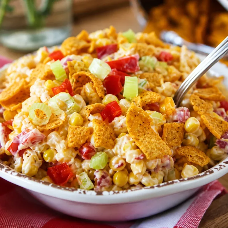 Chili Cheese Frito Corn Salad with corn, cheese, and peppers in a creamy dressing.