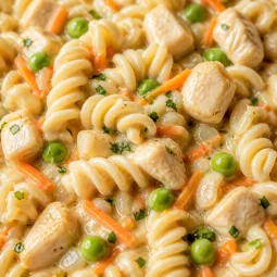 Creamy Chicken Pot Pie Pasta made in a Crock Pot with tender noodles and vegetables.