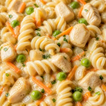 Creamy Chicken Pot Pie Pasta made in a Crock Pot with tender noodles and vegetables.