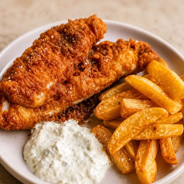 Delicious crispy fish and chips served with homemade tartar sauce.