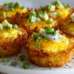 Crispy Hash Brown Avocado Egg Cups with fully baked eggs and melted cheddar cheese