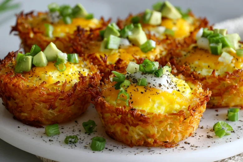 Crispy Hash Brown Avocado Egg Cups with fully baked eggs and melted cheddar cheese