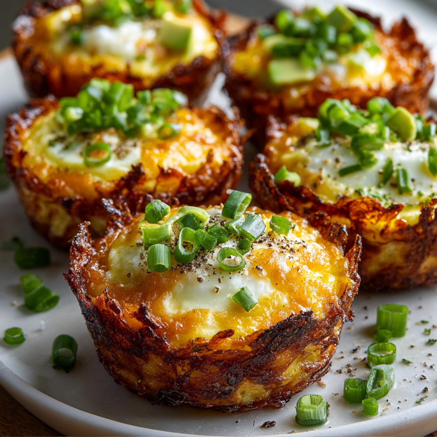 Crispy Hash Brown Avocado Egg Cups with cheddar cheese served for brunch