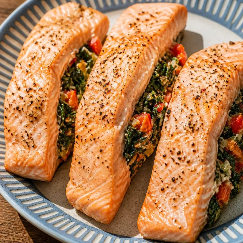Baked Stuffed Salmon with Spinach & Feta served on a plate with a side of vegetables.
