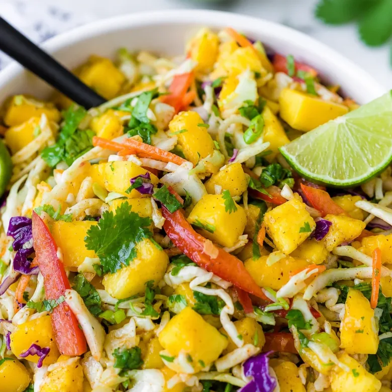 Colorful and fresh delicious Mango Slaw served as a side dish.