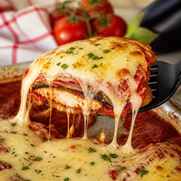 Delicious Chicken Sorrentino with eggplant, prosciutto, and melted cheese in tomato sauce.