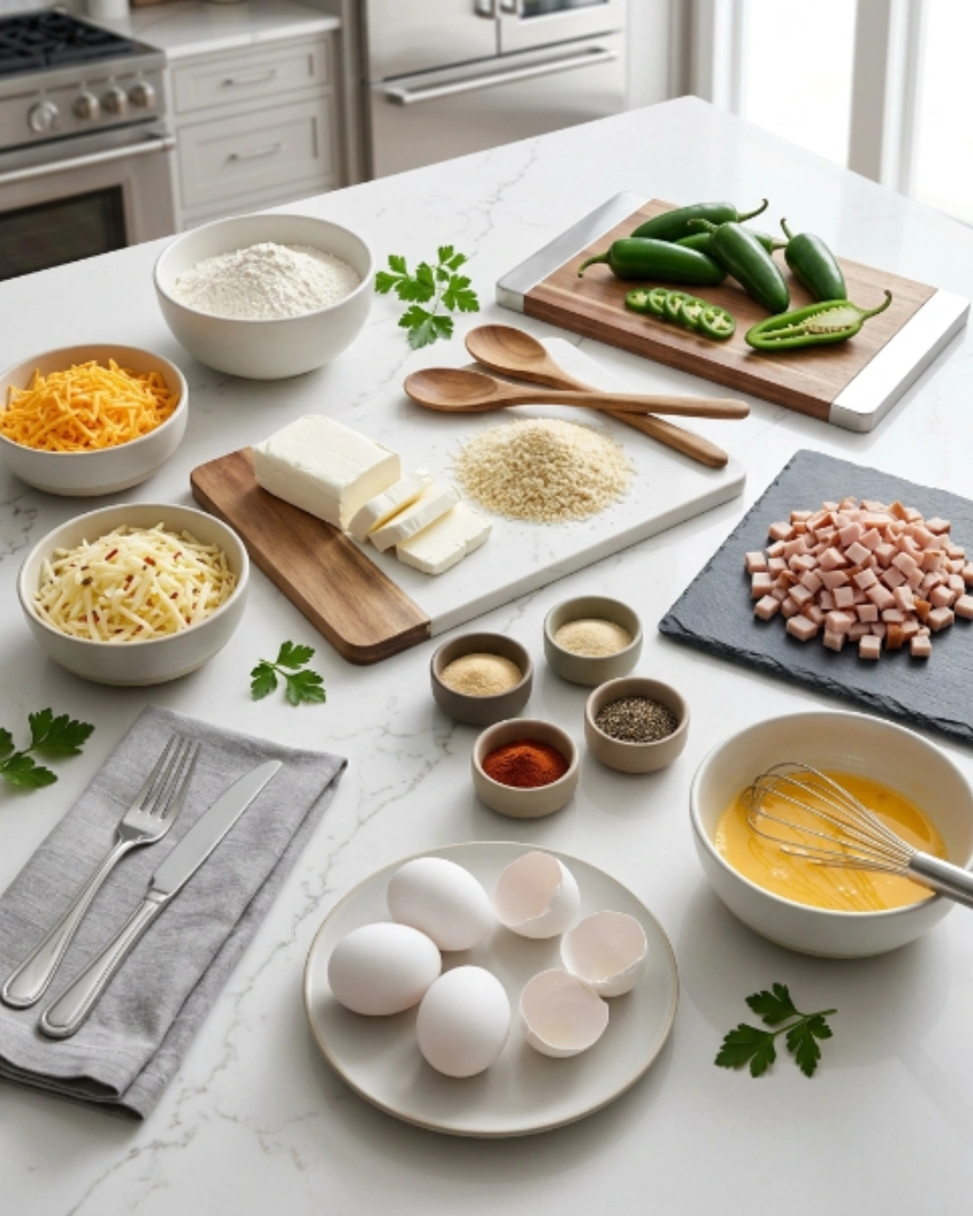 Fried Jalapeño Popper Bites on a modern kitchen island