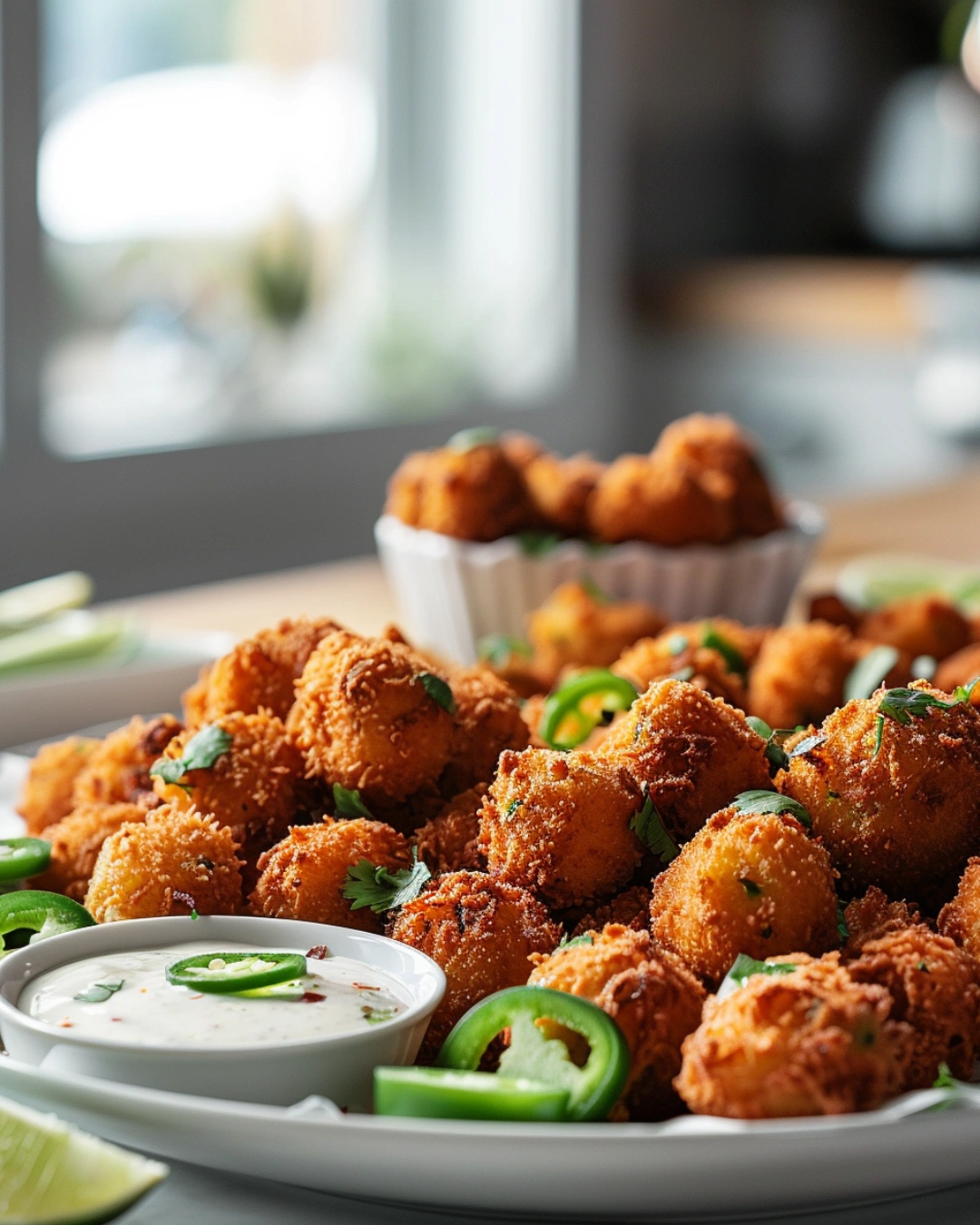 Fried Jalapeño Popper Bites served with dipping sauces in a modern kitchen