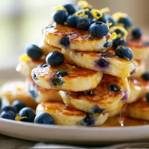 Lemon Blueberry Cottage Cheese Pancake Bites served with fresh blueberries