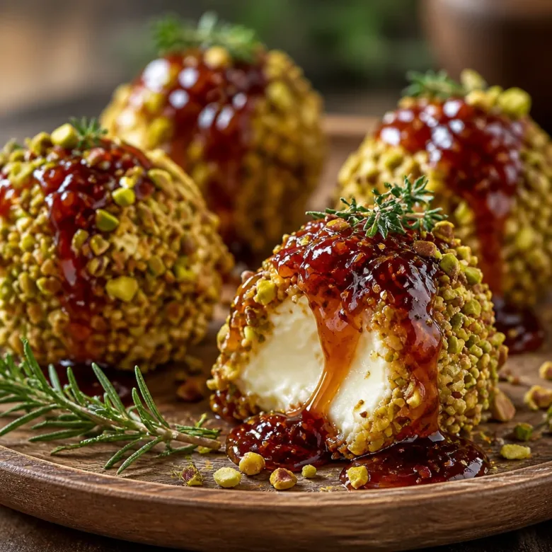 Pistachio-Crusted Brie Bites topped with Raspberry Honey Glaze on a white serving platter.