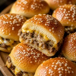 Cheeseburger sliders served on Hawaiian rolls with cheese and special sauce