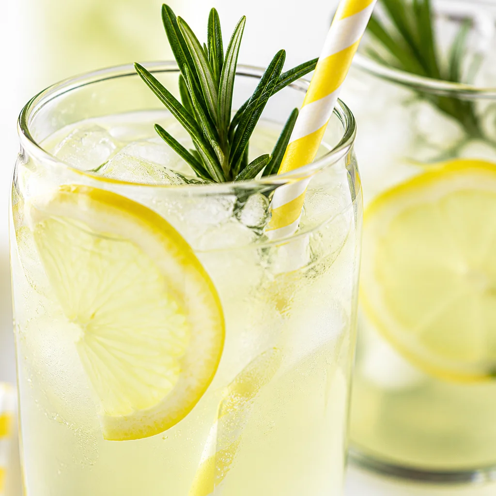 Refreshing Mint and Rosemary Lemonade with Vanilla in a glass with herbs and lemon slices.