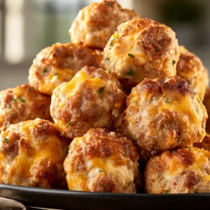Rotel Cream Cheese Sausage Balls on a serving platter in a modern kitchen