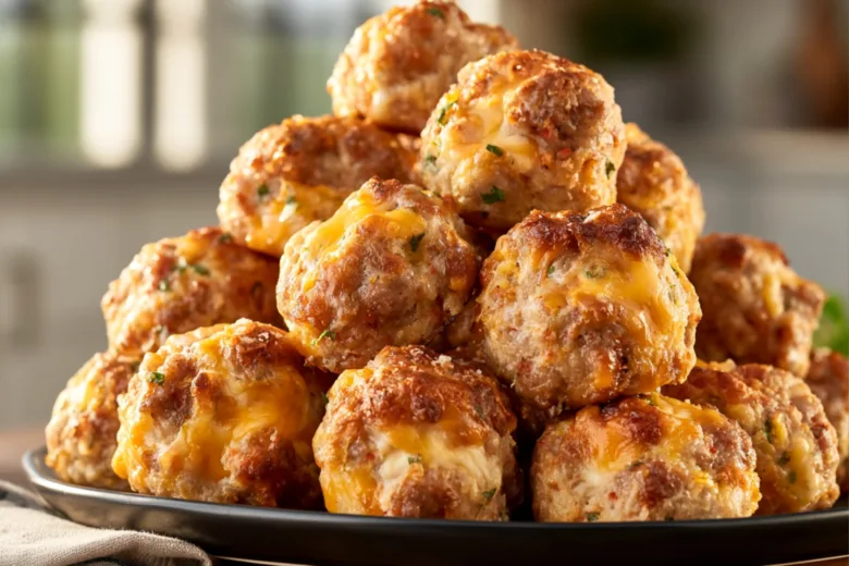 Rotel Cream Cheese Sausage Balls on a serving platter in a modern kitchen