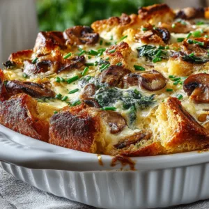 Savory French Toast Casserole with sausage, cheese, spinach, and mushrooms