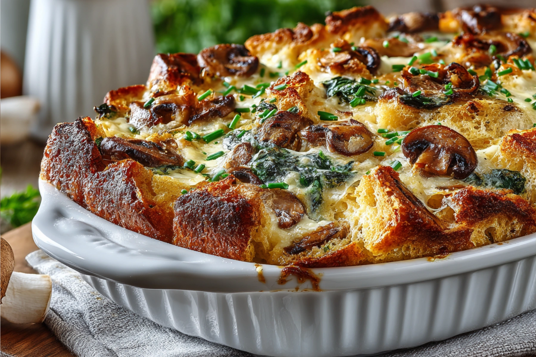 Savory French Toast Casserole with sausage, cheese, spinach, and mushrooms